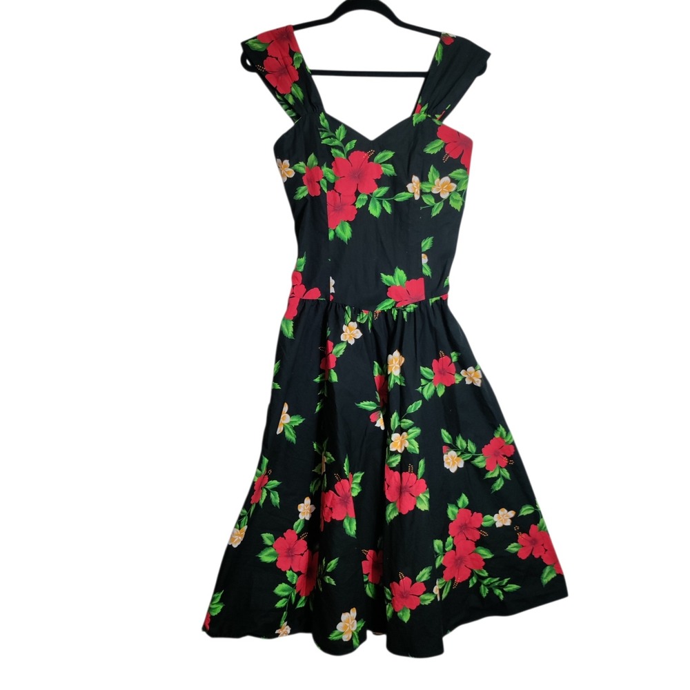 Royal Hawaiian Creations Womens XL Black Hibiscus Floral Cotton Sun Dress Hawaii